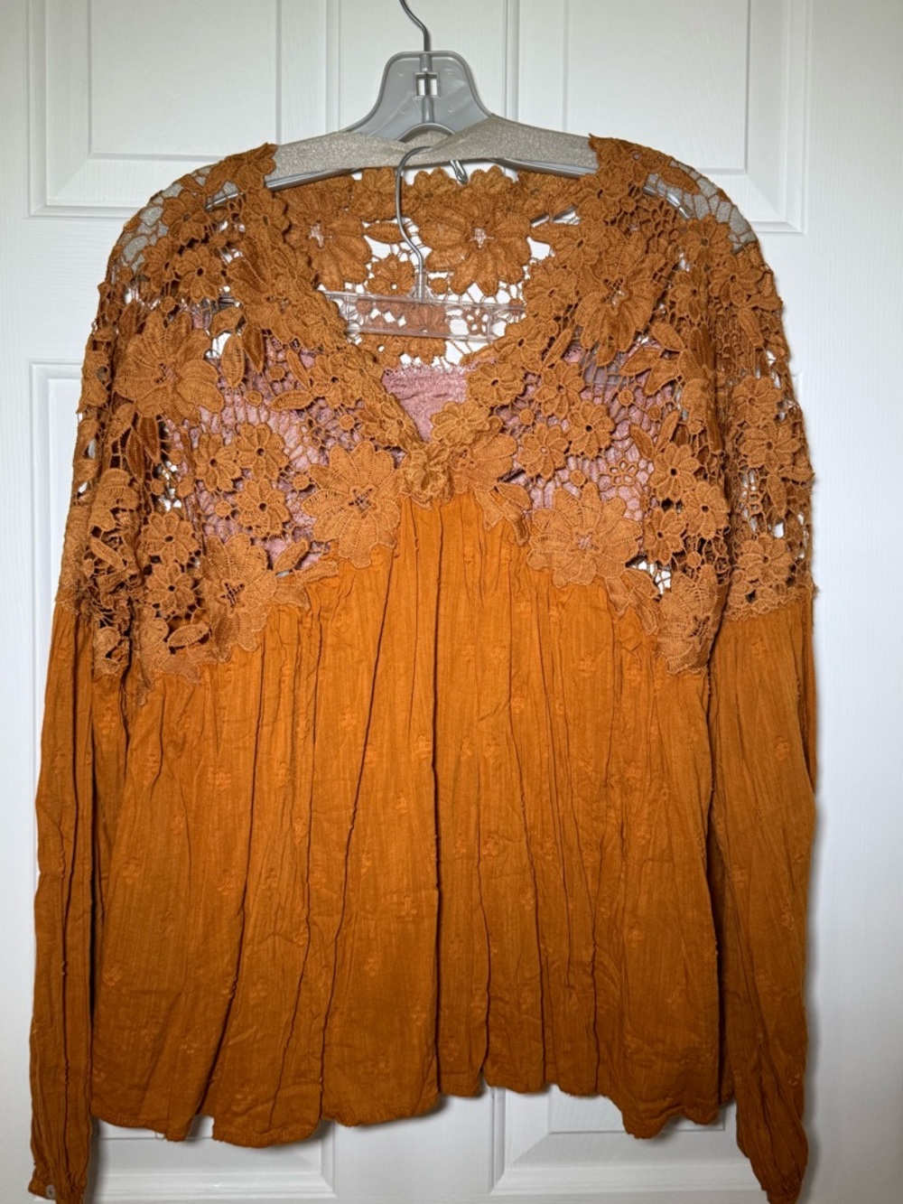 Boho Crochet Yoke Long Sleeve Tunic in Rust